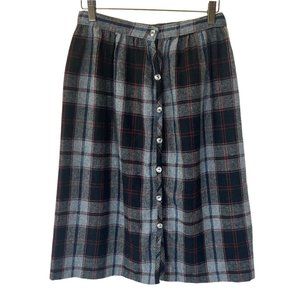 Vintage 70s Grey Plaid Button Up Straight Above Knee Wool Blend Skirt Medium